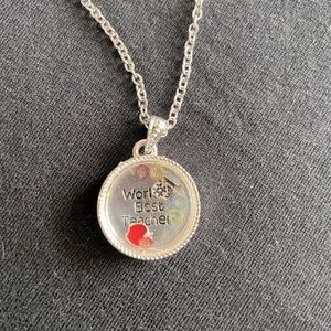Best Teacher silvery metallic adjustable necklace with movable charms. OS